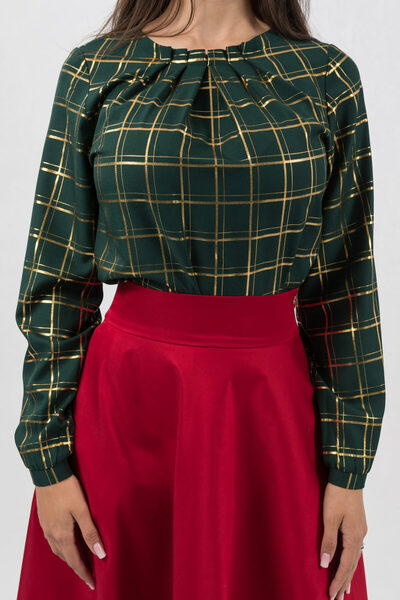 Gorgeaux Cecilia Dark Green Blouse with Gold Checks - S