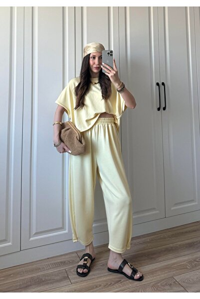 manana fashion Yellow Crew Neck Modal Shalwar Trousers Set