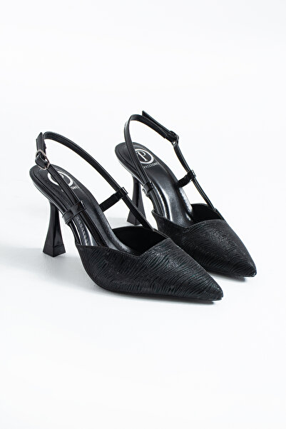 Pazzyonez Aurora Kadın Siyah Sivri Burun Slingback Stiletto Parlak Simli İnce Topuklu Abiye Ayakkabı
