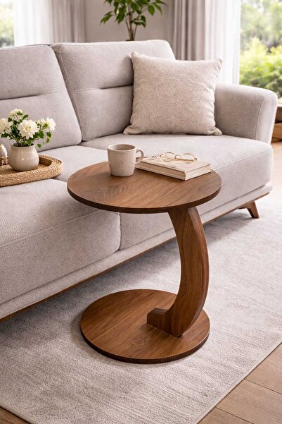 eos mobilya Tekerlekli Ahşap Yan Sehpa 40 cm Üst Tabla Çapı 54 cm Yükseklik