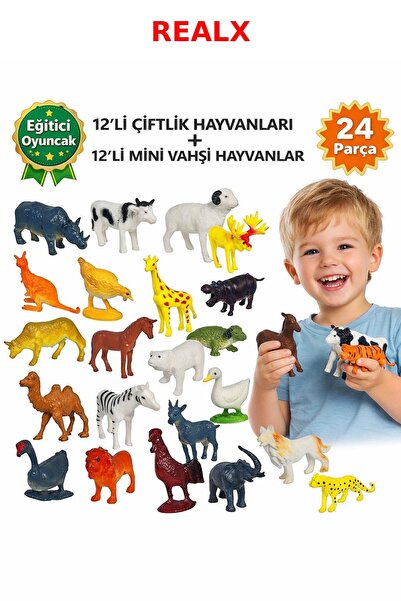 Realx 24 Parça Eğitici Çİftlik Ve Vahşi Hayvanlar Serisi Figür Karakter Oyuncak