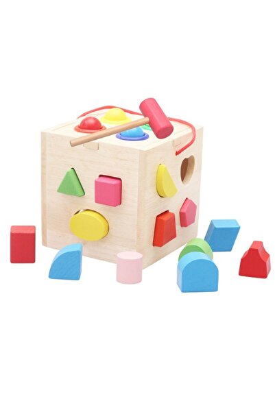 PlayFun Jucarie educativa din lemn, set blocuri de constructie, sortare forme