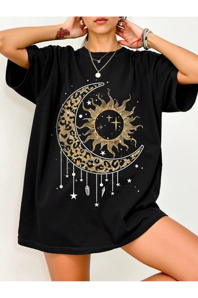 Vordevia Tricou unisex oversize negru cu imprimeu Moon, tricou de zi cu zi, c...