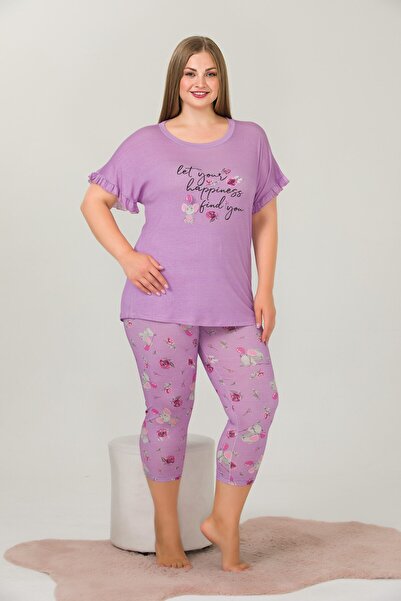 by İGP Lilac Flower Patterned Battal Large Size Short Sleeve Capri Pajamas Set