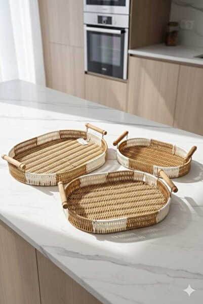 Funny Life Rattan 3’lü El Örgüsü Dekoratif Sunum ve Düzenleyici Tepsi Seti- B...