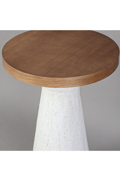 Vi Markets A modern pedestal side table with a natural wooden top and a textured white base