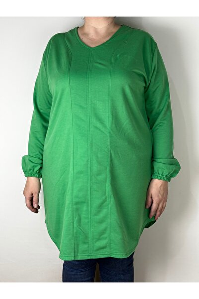 YAŞAR TRİKO Women's Green Long Sleeve V-Neck Long Tunic with Elastic Cuffs