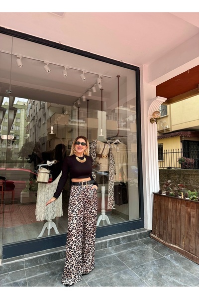 Yasmin Butik Belted Satin Leopard Print Trousers