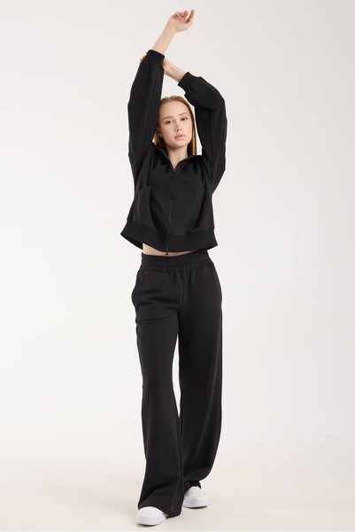Disela Nova Double Zipper Wide Collar High Waist Wide Leg Sweatpants Set