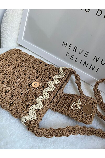 Pela El Örgüsü Hasır İki Renk Telefon Çantası Yandan Askılı