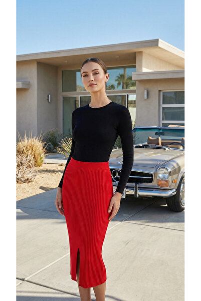 Venera Butik Kırmızı Ribana Triko Yırtmaçlı Kalem Etek