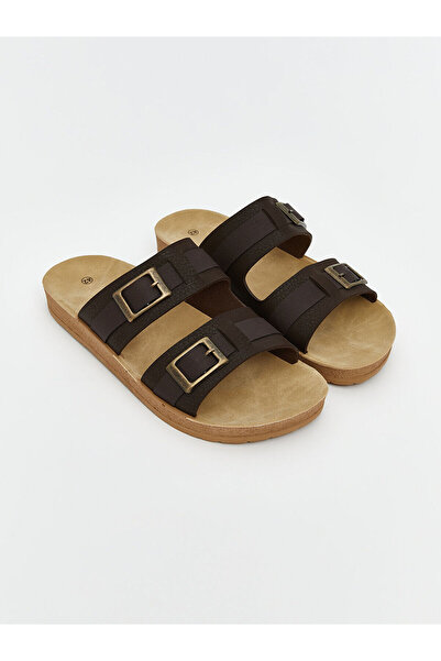 LC Waikiki Vizyon New Season Leather-Look Double-Striped Men's Slippers