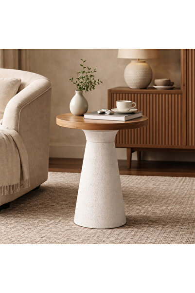 Vi Markets A modern pedestal side table with a natural wooden top and a textu...