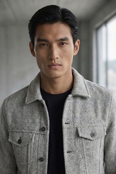 Butikayandon Men's Gray Herringbone Patterned Double Pocket Cashmere Jacket