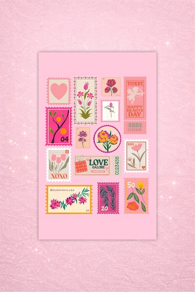 LABELOVE Posta Pulu Vintage Sticker Seti 50+ Adet – Pembe Çiçek & Aşk Temalı – Ajanda Laptop Sticker