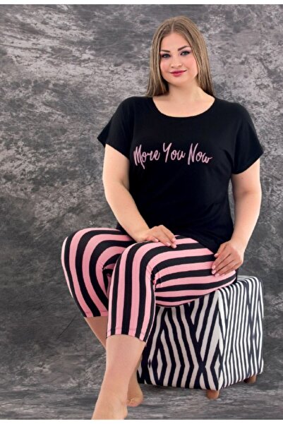 by İGP Black Striped Plus Size Short Sleeve Capri Pajama Set