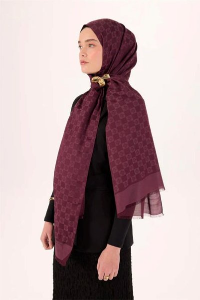 Silk Home Cotton Liva Shawl Plum Checkerboard Monogram Pattern 90X200Cm Shawl