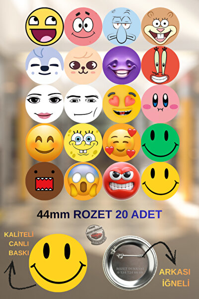 tuse rozet dükkanı 20 Adet Emojili Rozet – Renkli ve Eğlenceli Modeller