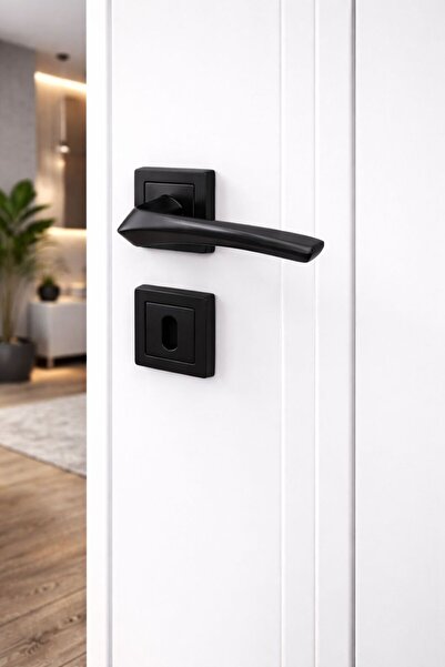 EVEO KARE ROZETLİ LÜKS SİYAH ANKA ODA KAPI KOLU ( ÖN ARKA TAKIM )