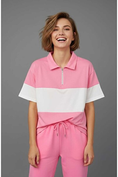 LiyAdaCo Unisex Women's Pink Oversize Polo Collar Zippered T-Shirt