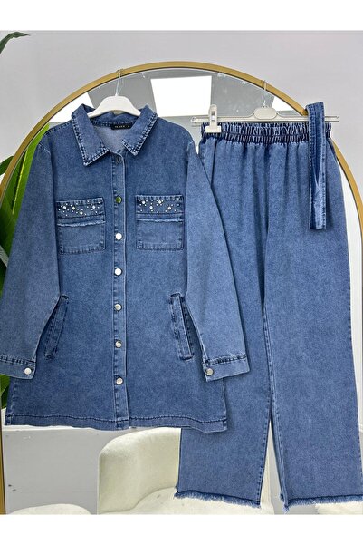 VOLT CLOTHİNG Women's Stone Embellished Belted Denim Suit