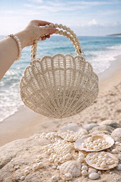 Dokur Atölyesi Midye Model Jüt Hasır Ahşap Saplı Örgü Detaylı Kadın Çantası