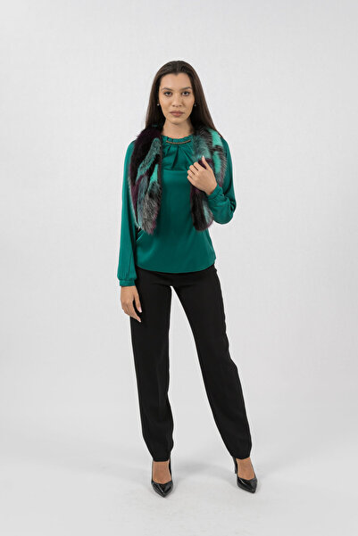 Gorgeaux Izabela Turquoise Blouse, Pants and Vest with Fur - M