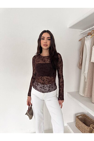 ONLİO GİYİM Kadın Kahverengi Çiçek Desenli Uzun Kollu Tül Bluz Transparan Üst