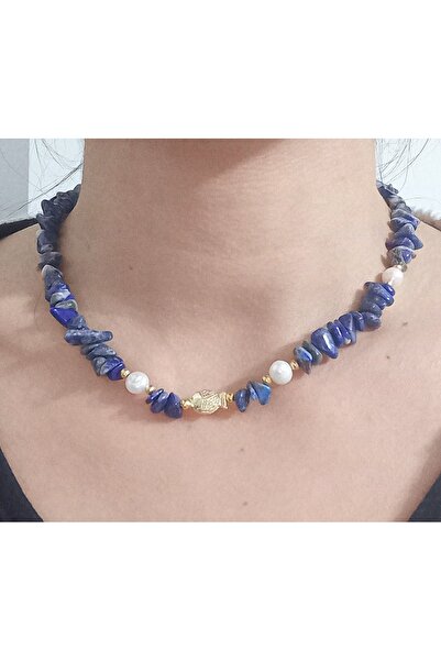 BNGaksesuar Real Pearl and Fish Detail Lapis Lazuli Natural Stone Necklace