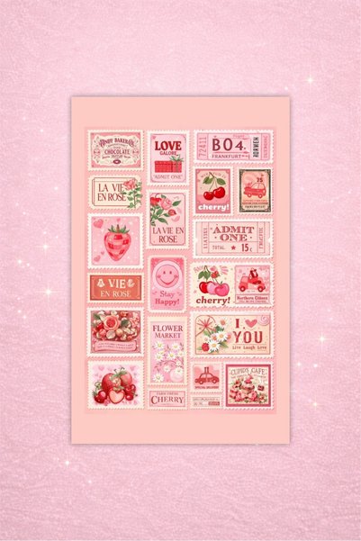 LABELOVE Posta Pulu Vintage Sticker Seti 50+ Adet – Pembe Çiçek & Aşk Temalı – Ajanda Laptop Sticker