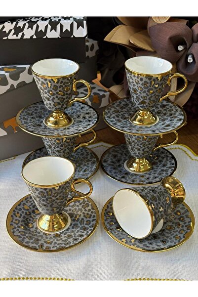 MD MİMOZA DEKOR Türk Kahve Fincanı Leopar Desenli 6 Kişilik 12 Parça / Gri