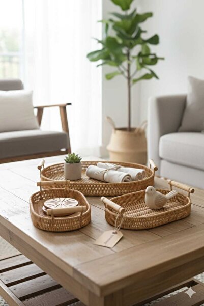 Funny Life Rattan 3’lü El Örgüsü Dekoratif Sunum ve Düzenleyici Tepsi Seti