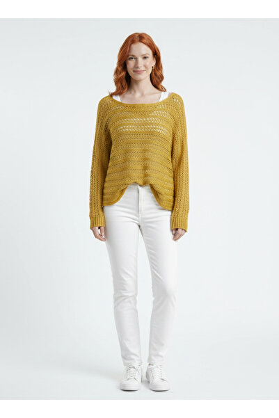 Neden Tekstil Mustard Yellow Boat Neck Openwork Casual Knit Sweater