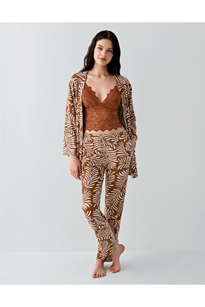 Arnetta Women's Modal/Cotton Lace Bustier and Robe Detailed 3-Piece Pajama Set