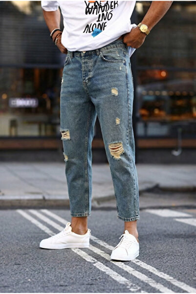MADZEYMODA Boyfriend Fit Blue Denim Fabric Ripped Detailed Men's Jean Jeans T...