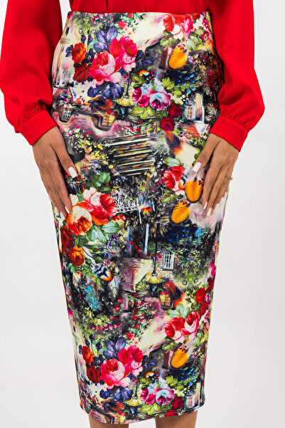 Gorgeaux Multicolor Floral Print Pencil Skirt - M(38)
