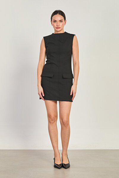 BARRELS AND OIL Women's Sleeveless Mini Dress with Pocket Flap - Black