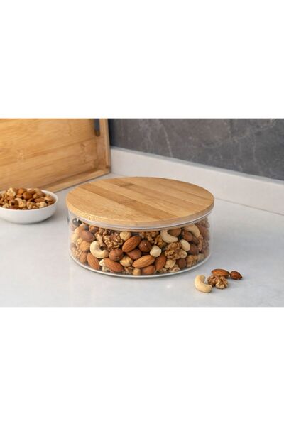 Janset Bambu kapaklı cam saklama kabı, salata kabı, kahvaltı saklama kabı