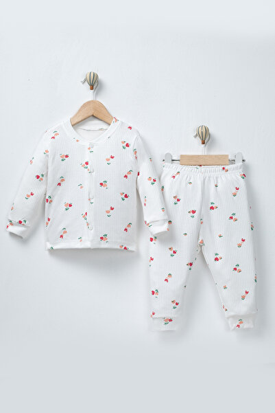 TİNY GOLDEN Kız Bebek&Çocuk 2'li %100 Organik Çiçekli Pijama Takımı Düğmeli Set