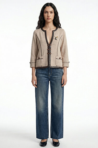 Sementa Faux Leather Trim Wool Knitwear Jacket - Mink - Brown