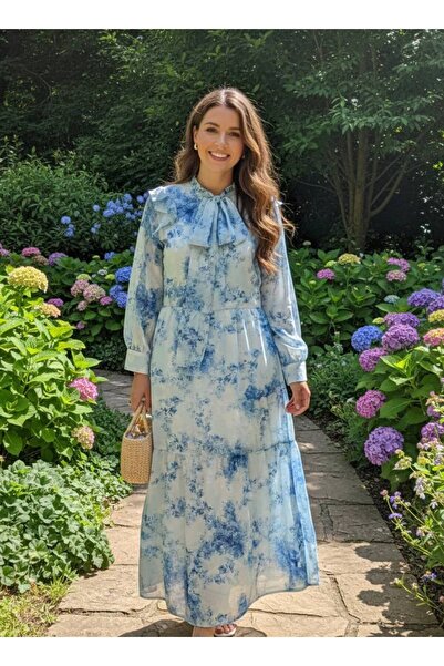 YusGos Women's Lined Patterned Gathered Collar Bow Detailed Chiffon Long Dress