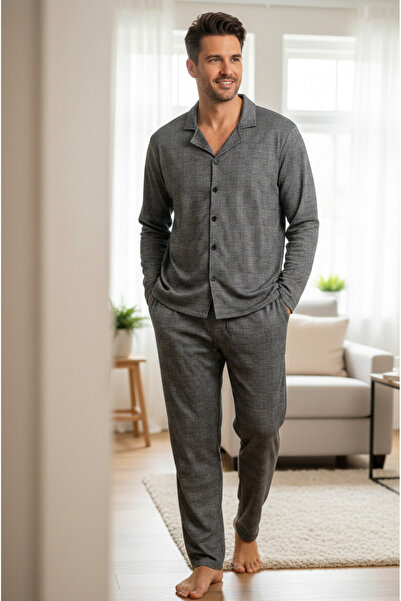 YusGos Men's Apaj Collar Plaid Buttoned 100% Cotton Pajama Set