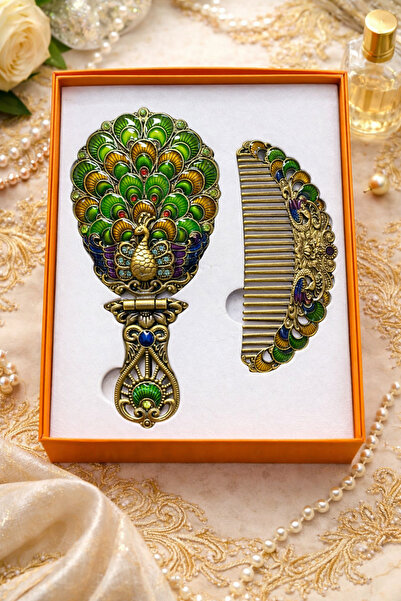 hediyeconcepti Османски винтидж комплект ръчно огледало и гребен с паунов мот...