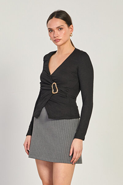 BARRELS AND OIL Women's Double Breasted Collar Side Buckle Long Sleeve Blouse...