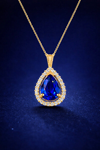 KAR DİAMOND 14 Ayar Altın Zincirli Safir Mavisi Damla Taşlı Kadın Kolye - Ser...