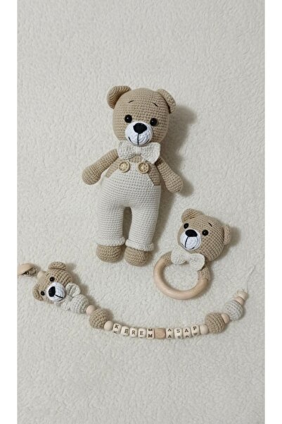Zey's Amigurumi Amigurumi Tulumlu Ayı Yenidoğan set, Uyku Arkadaşı,Çıngırak,e...