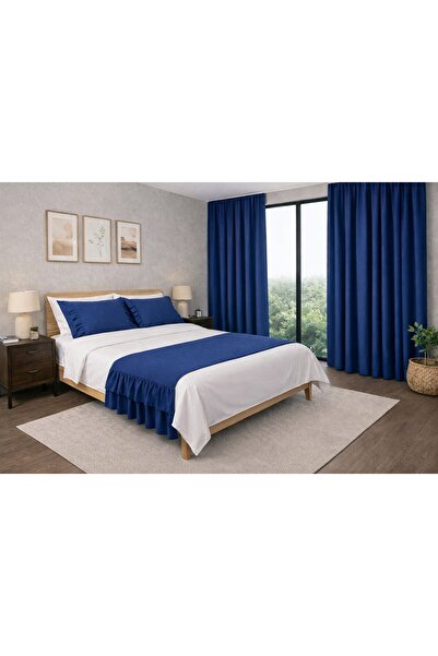 NAKKAŞİ ZARİF Parlement Blue Bed Runner and Background Curtain Set