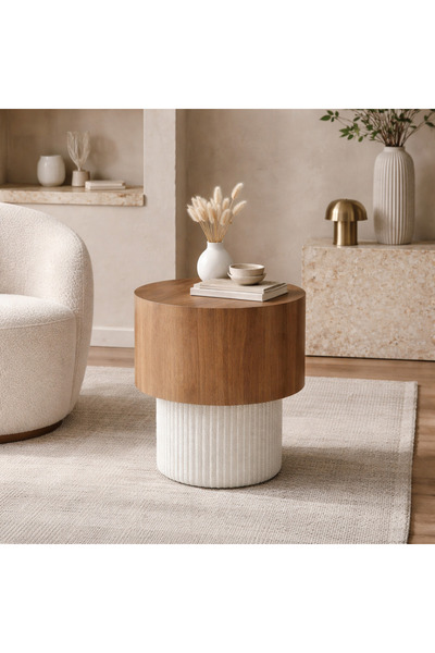 Vi Markets A modern round side table featuring a warm wooden top and a textur...