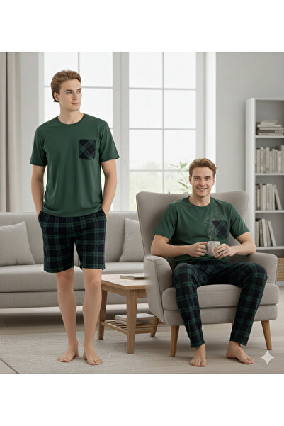 İpek Men's Short Sleeve Crew Neck Plaid Pattern Shorts + Six Long 3-Piece Paj...