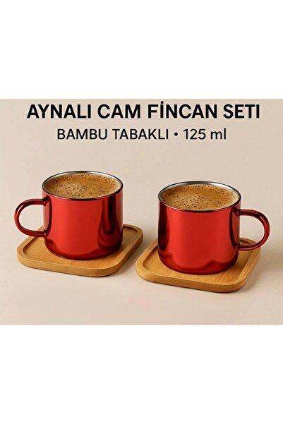 Cambu Aynalı Borosilikat Cam Türk Kahvesi Fincan Seti,Kırmızı,2x125ml–Bambu T...